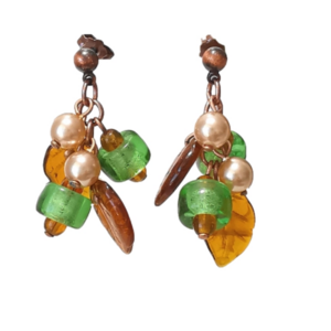 Vintage Czech Amber Bronze pressed glass and pearl dangle earrings